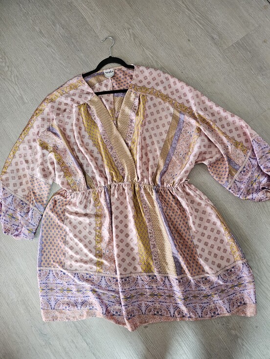 ARULA Dresses & Skirts - Arula Patchwork Satin Mini Dress Tunic Sz C 3X 22/24 Boho Long Sleeve No Belt